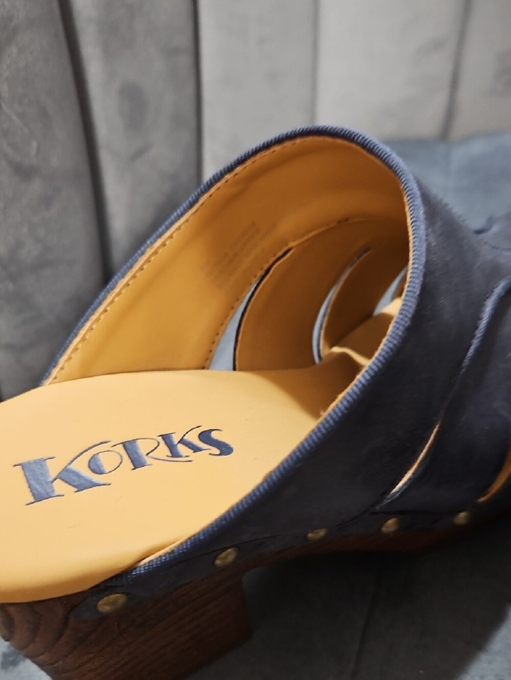 Kork-Ease Navy Leather Clog Mules with Brass Studs - Picture 2 of 6
